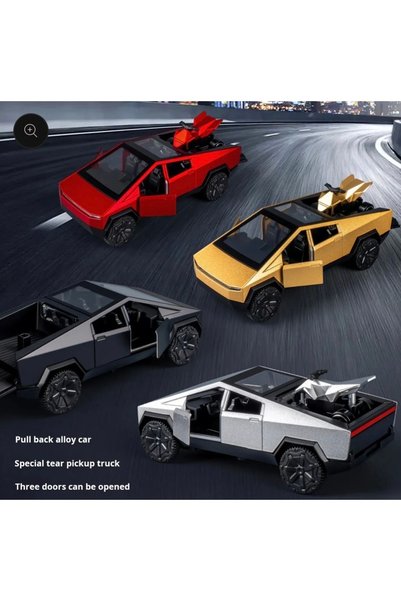 tmtoysandmore Tesla Cybertruck Metal Body Pull and Drop Tesla and Atv 1:36 Scale Front Door Trunk Opens Toy Car