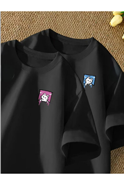 ALCİNOUS Cute Cat Design Couple Lover Combination Basic Regular T-Shirt 2-Pie...