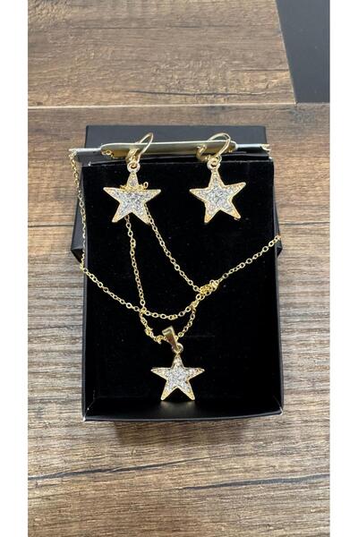 YILDIZ DESENLİ GOLD RENKLİ ZİRKON TAŞLI KOLYE-KÜPE SET