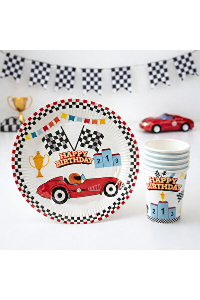 Partifabrik طقم أطباق وأكواب من الورق المقوى بتصميم سيارة السباق 8 أطباق و8 أ...