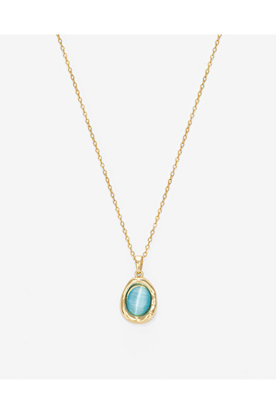 TARZ-I TAKI Steel Gold Chain Blue Cat's Eye Natural Stone Women's Necklace