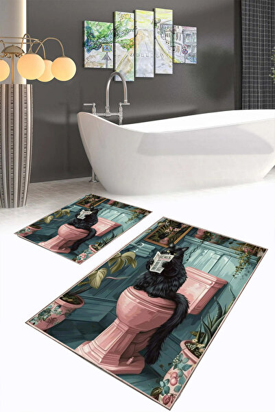 GECE MODA Kedi Desenli Dijital Baskılı Renkli İkili Banyo Paspası (40/60cm -6...