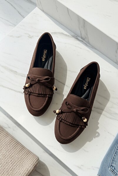 DİVOLYA Tiamo Brown Suede Beaded Detailed Ballerina Shoes