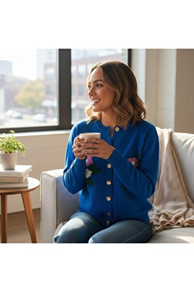 GÖMLEK GALERİSİ Women's Floral Embroidered Crew Neck Cardigan Standard Fit (3...