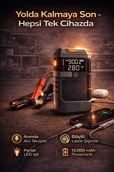 Weskam Çok Fonksiyonlu Akü Takviye + Lastik Şişirme pompası Powerbank 12000mA...