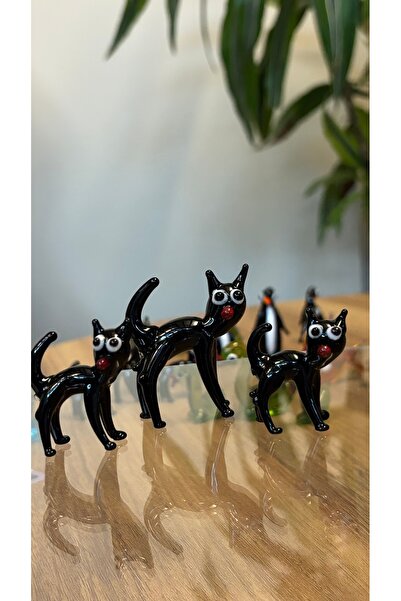 Kiri Dekoratif Kristal Murano Cam Kedi Ailesi Siyah