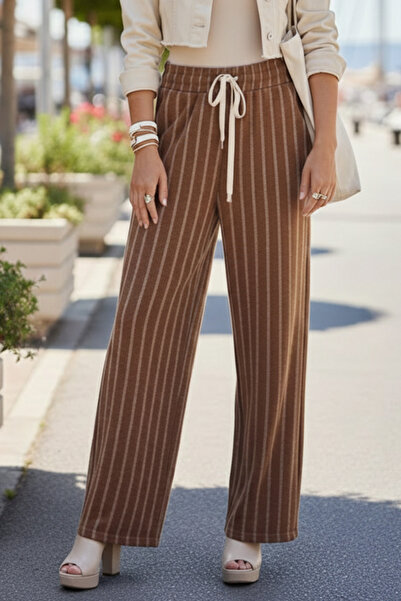 Chiccy Milky Brown Striped Thick Elastic and Tie-Waist Wide Leg Casual Woven ...