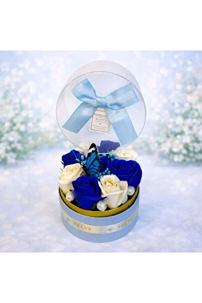 velve Reo floral arrangement in an elegant round box with 9 soap roses, Blue-...