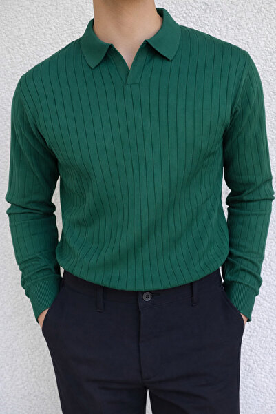 Polo Yaka Dokulu Triko Erkek Kazak – Regular Fit (Yeşil)
