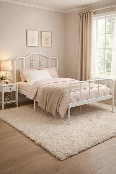 MARIA HOMES Modern White Metal Single Bed Frame 120x190cm Strong Iron Base wi...