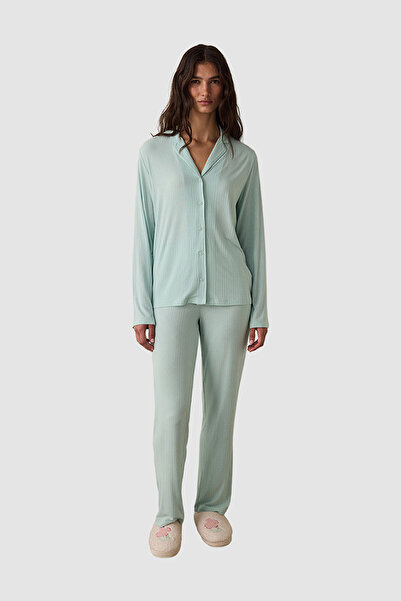 Penti Ribbed Shirt Collar Buttoned Long Sleeve Sustainable Viscose Pajama Set