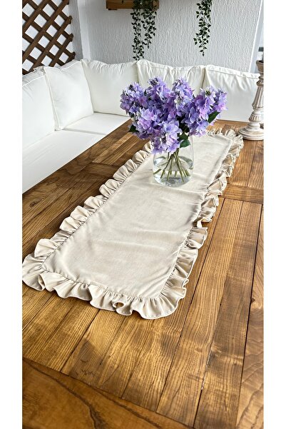 Decamor home Velvet Textured Seamless Beige Full Ruffle Runner