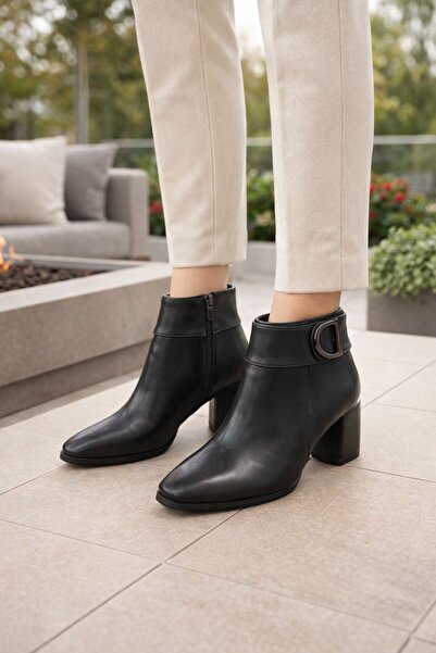Daloğlu Black Leather Heeled Women's Boots