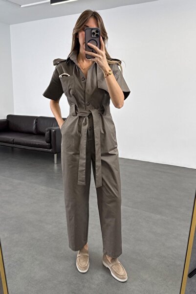 5in1Canpolat Gray Belted Buttoned Front Jumpsuit 9535