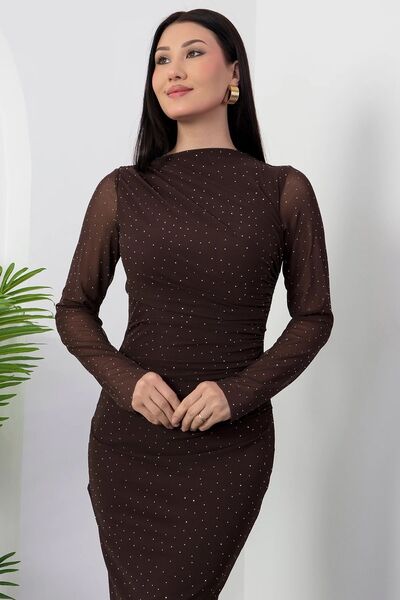 Mouillé Bisiklet Yaka Drape Detaylı Taşlı Elbise Uzun Boy Taşlı Tül Elbise