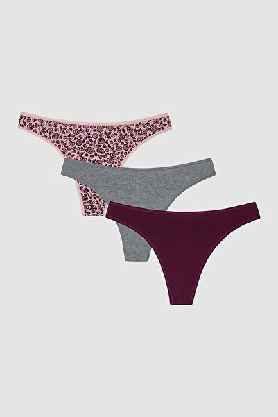 Penti Floral Patterned Quiet Rose Normal Waist 3-Pack Cotton Thong Panties