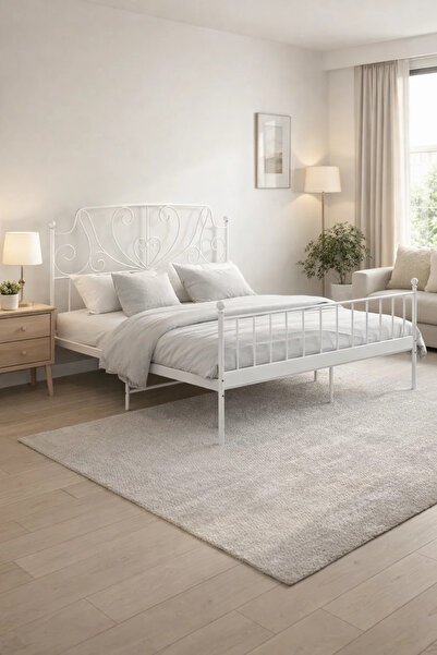 MARIA HOMES White Metal Bed Frame with Elegant Headboard WHITE (180*200 cm)