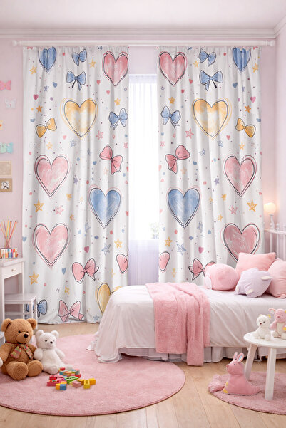 HOMESSA Girl's Room Double Winged Background Curtain with Colorful Heart and ...