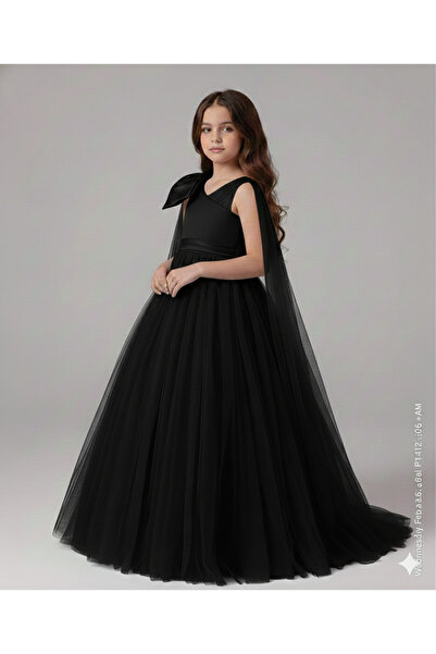 Star Kids Girl's One-Shoulder Bow Detail Black Princess Dress, Girl's Graduat...