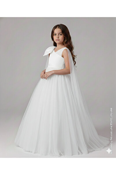 Star Kids Girl's One-Shoulder Bow Detail White Princess Dress, Girl's Graduat...