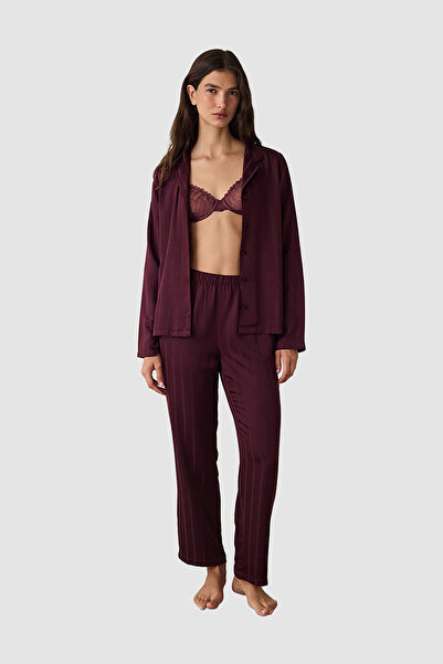 Penti Striped Satin Shirt Collar Pajama Set