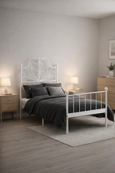 MARIA HOMES White Metal Bed Frame with Decorative Headboard WHITE (90*190 cm)