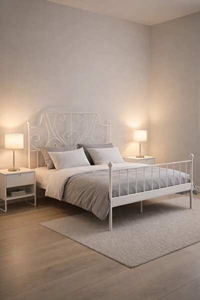 MARIA HOMES White Metal Bed Frame with Decorative Headboard WHITE (140*200 cm)