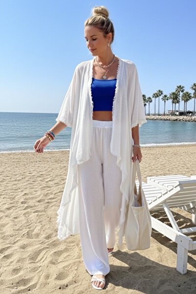 Chiccy White Shawl Collar Pocketed Washable and Dirty-Stitched Casual Woven K...