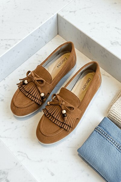 DİVOLYA Tiamo Tan Suede Beaded Detailed Ballerina Shoes