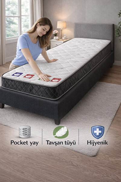 Zelis Mobilya Luxury Paket Yaylı Beyaz Tavşan Tüyü Yüzeyli Full Ortopedik Hij...