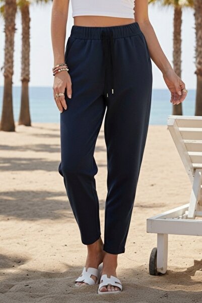 Chiccy Navy Blue Pocketed Washable Elastic and Tie-Waist Narrow Leg Casual Wo...