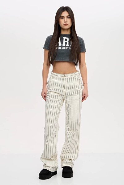 subr Ekru Siyah Çizgili Yüksek Bel Pantolon Bol Paça Pinstripe Kumaş Pantolon