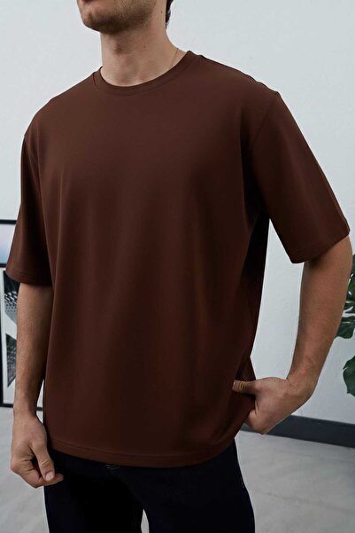 Wonraces Men's Brown Oversize Crew Neck 2 Thread Cotton Basic T-Shirt
