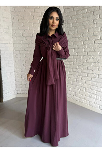 moneta boutique Women's Shawl Detailed Design Belted Shirt Dress