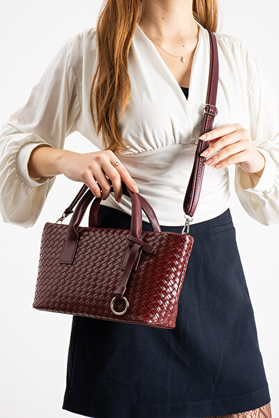 LUNABLU Burgundy Women's Knitted Patterned Pu Leather Hand and Shoulder Bag