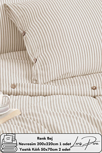 Larispera Double Striped Buttoned Duvet Cover Set Yarn Dyed Cotton 200X220 cm...