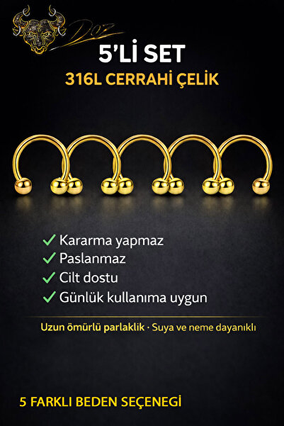 depozoom 316L Cerrahı Çelik 5'li set Halka Dudak Burun Kulak Kıkırdak Piercing