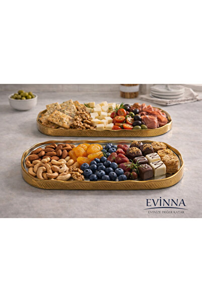 EVİNNA Oval Aynalı Sunumluk Altın İkramlık Kahve Ve Çay Sunum 2 Adet