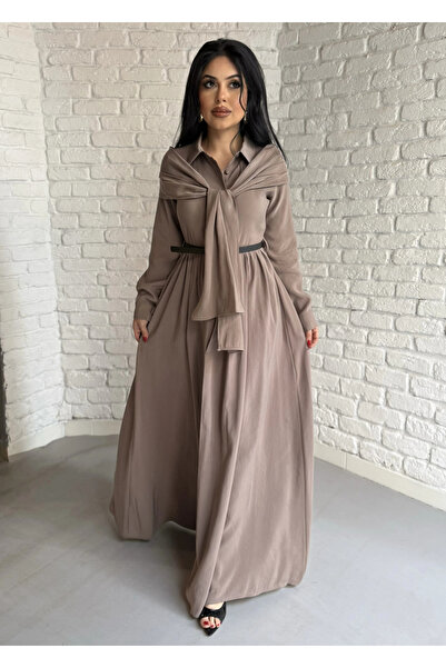 moneta boutique Women's Shawl Detailed Design Belted Shirt Dress