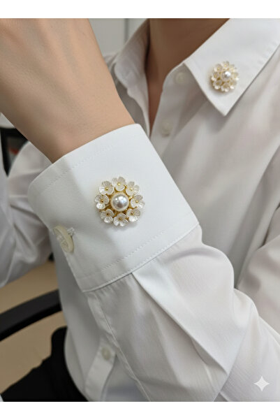 Lanuna İnci Detaylı Beyaz Çiçek Düğme Broşu