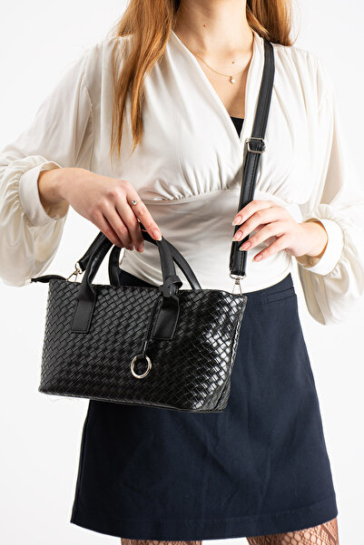 LUNABLU Black Women's Knitted Patterned Pu Leather Hand and Shoulder Bag