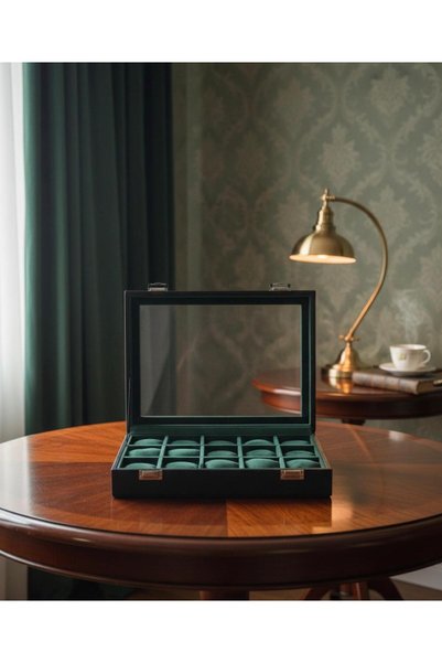 zyc Luxury 15-Slot Watch Storage Box with Leather Glass Cover and Stylish Design Size (34X24X8) cm