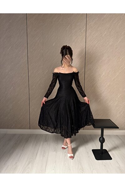 elin Black off-shoulder lace evening dress