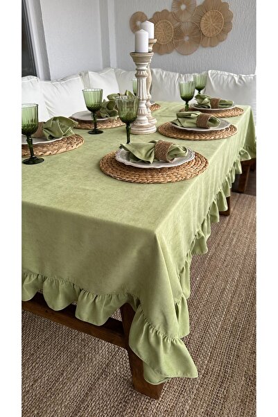 Decamor home Velvet Textured Pistachio Green Ruffled Tablecloth