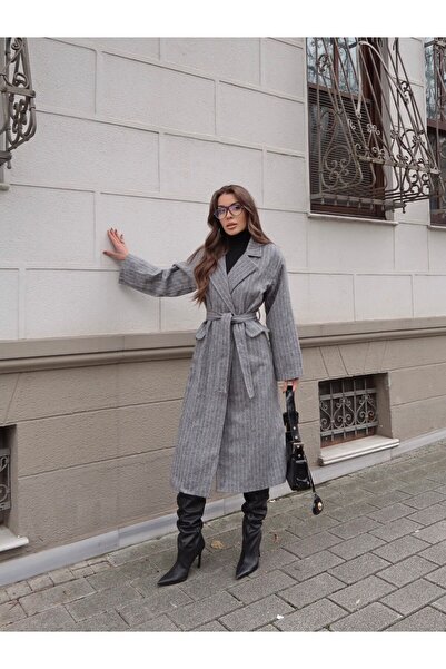 MAUN COLLECTION Striped Belted Cashmere Coat