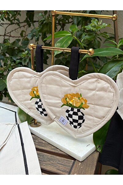 Çengelli İğne Heart-Shaped Embroidered Kitchen Holder - Yellow Flower & Check...
