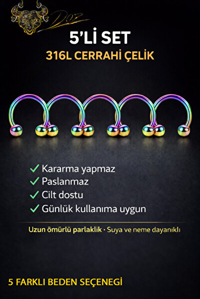 depozoom 316L Cerrahı Çelik 5'li set Halka Dudak Burun Kulak Kıkırdak Piercing