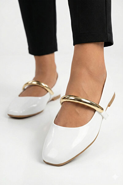 StWenn حذاء ماري جين نسائي أنيق من الجلد الأبيض اللامع باللون الأسود مع شريط ...