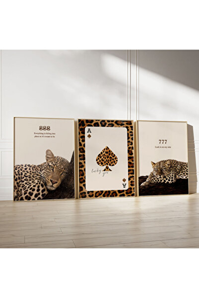 luxorpixels ÇERÇEVESİZ Leopar,iskambil şans, 3'lü Trend Tablo, Moda Leopar De...
