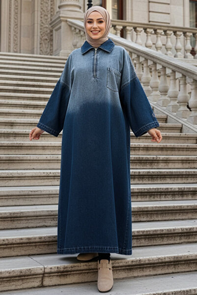 N.S NEVA STYLE Zippered Navy Blue Denim Hijab Dress 19052Lm